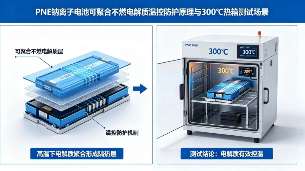 PNE 钠离子电池配图 - 可聚合不燃电解质温控防护原理与动力电池安全性能实测