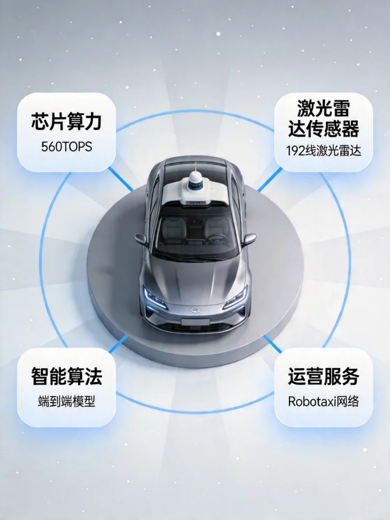 自动驾驶产业链生态图，展示芯片算力、传感器、算法、运营服务四大核心模块与关键数据