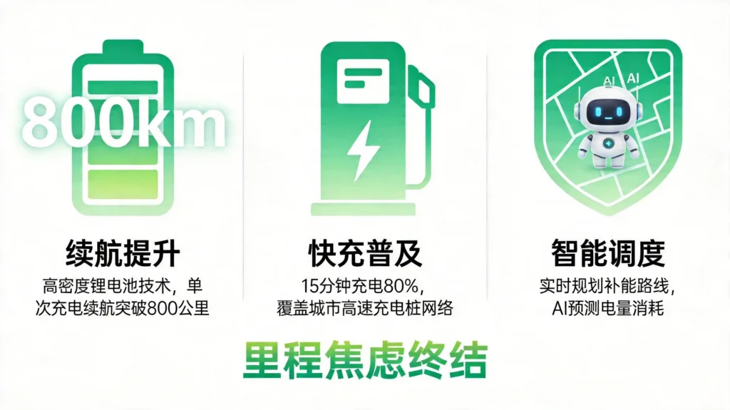 里程焦虑解决方案：续航提升、快充普及、智能调度