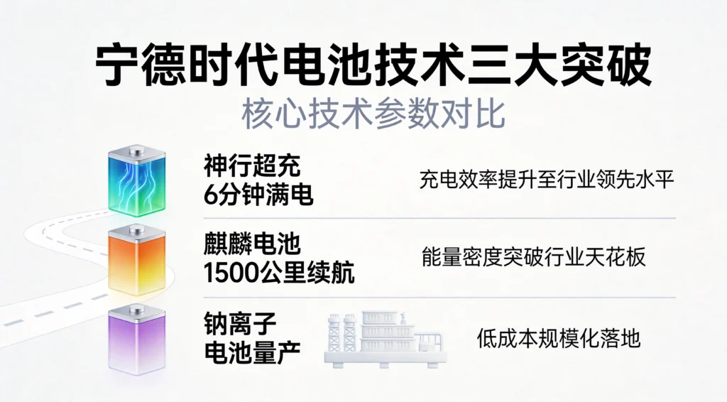宁德时代神行超充、麒麟电池、钠离子电池三大技术突破参数对比图
