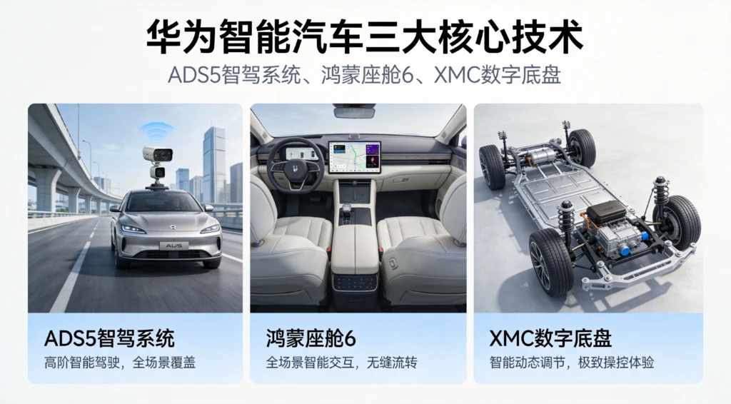 华为ADS5智驾、鸿蒙座舱6、XMC数字底盘三大核心技术功能模块图