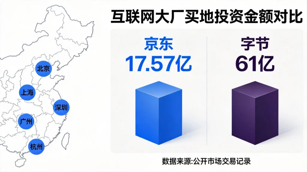 京东17.57亿、字节61亿等互联网大厂买地投资金额及全国布局对比图