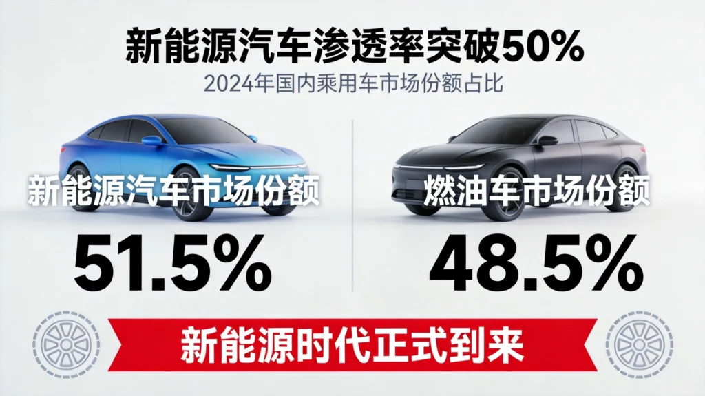 新能源汽车渗透率51.5%首次超越燃油车的市场份额对比数据图