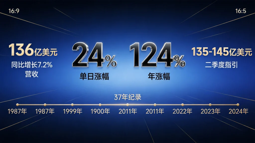 英特尔财报数据图,营收136亿美元同比增长7.2%,年涨幅124%引领AI芯片概念股狂欢