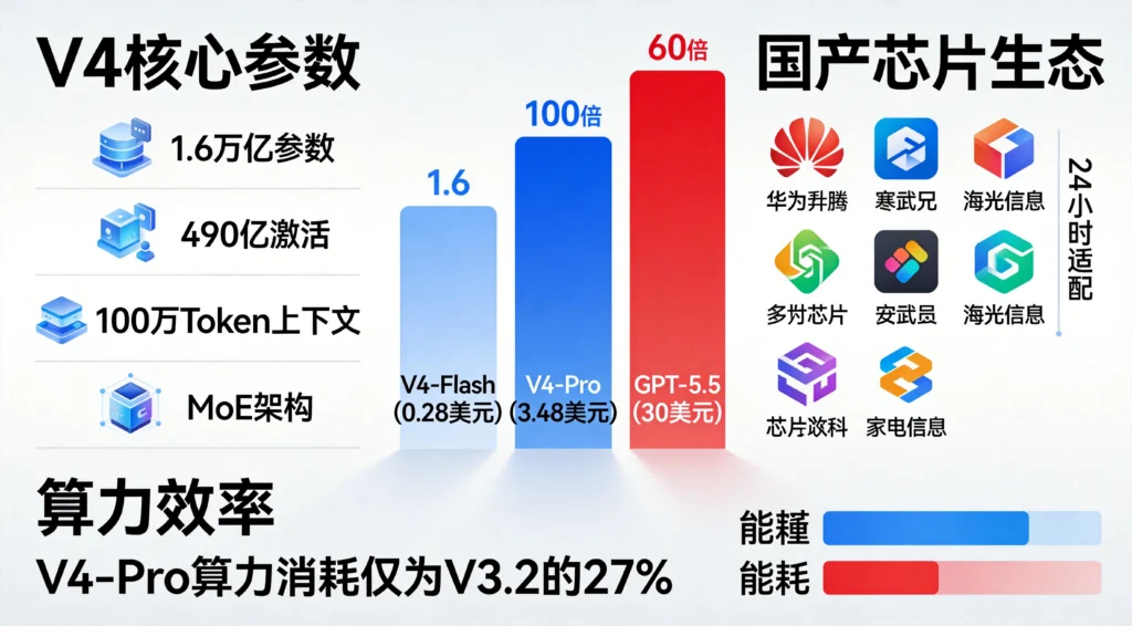 DeepSeek V4价格仅为GPT-5.5的1/6,国产AI芯片生态实现24小时适配