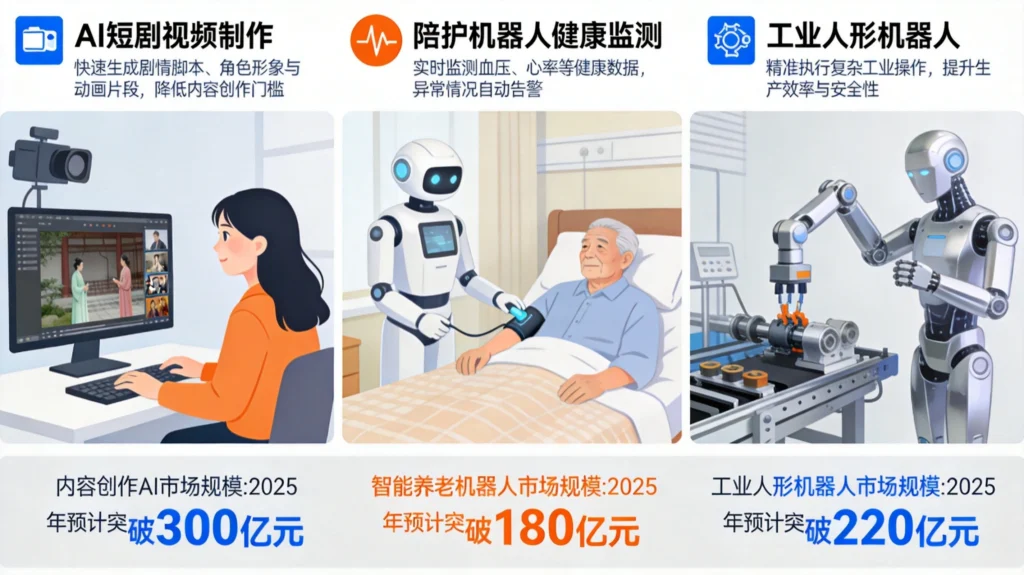 AI应用落地三大场景对比图,内容创作、智能养老与具身智能并行发展