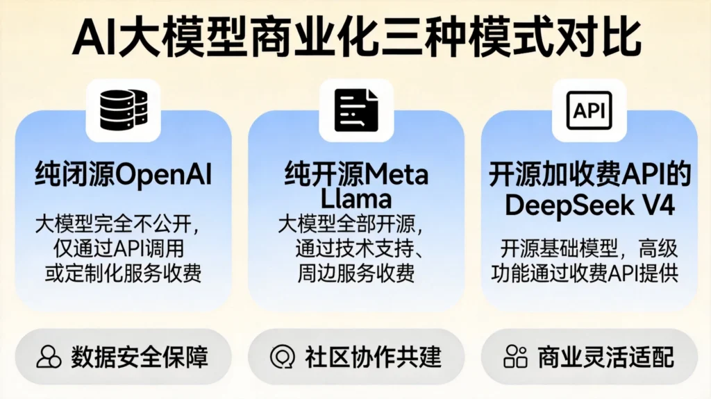 AI大模型商业化三种模式对比图,展示OpenAI、Meta Llama与DeepSeek V4不同路径