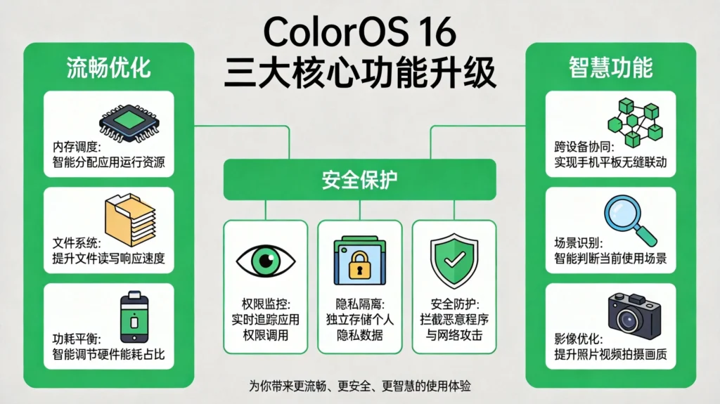 ColorOS 16三大核心功能升级对比图，展示流畅优化、安全保护与智慧功能亮点