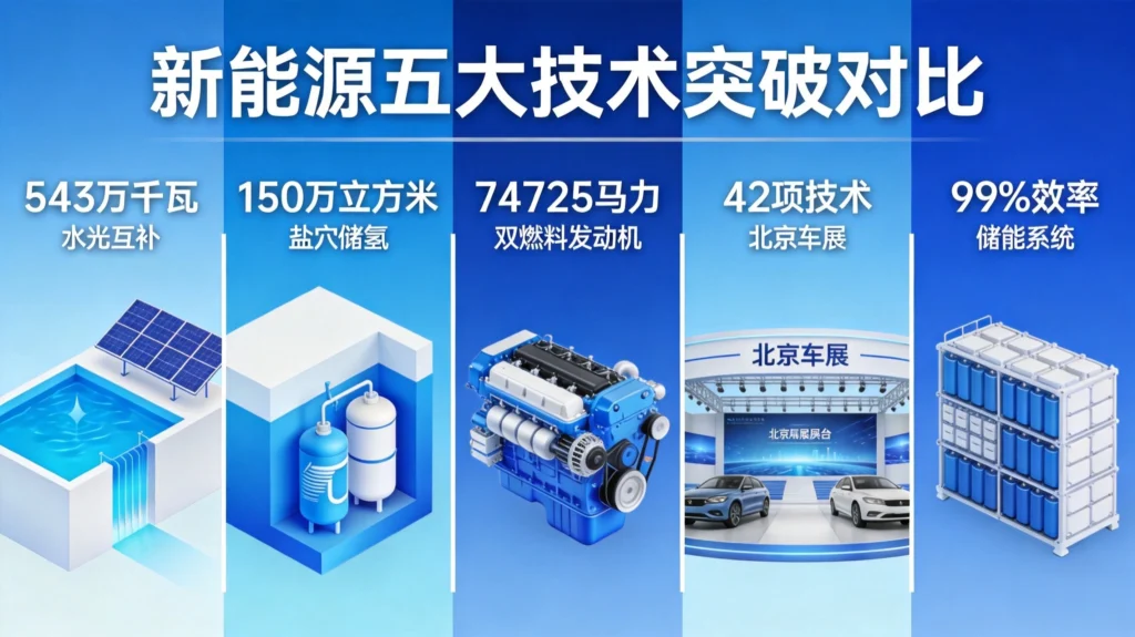 新能源五大技术突破成果对比图,含装机容量、储氢规模、发动机功率等关键数据