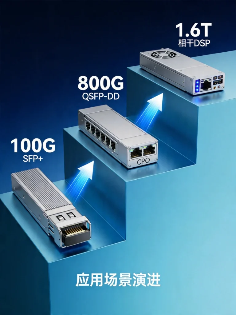 光模块技术演进阶梯图，展示从100G到1.6T的四代产品升级路径与关键技术