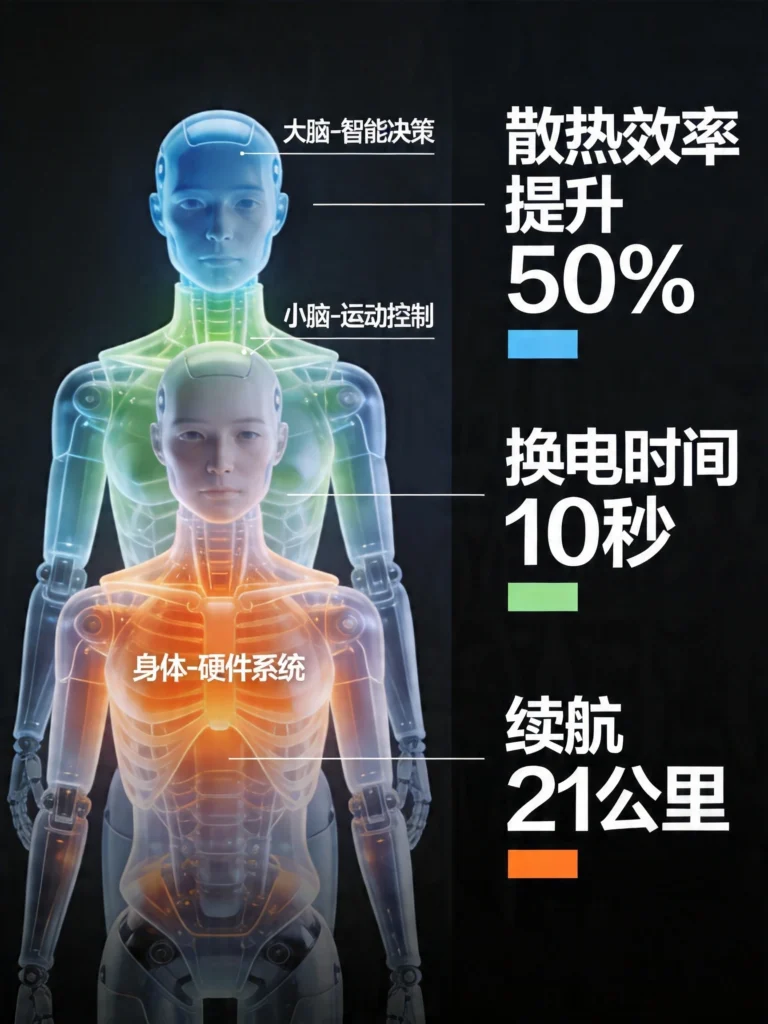 机器人三大系统技术架构分解图，展示大脑、小脑、身体协同进化与关键指标
