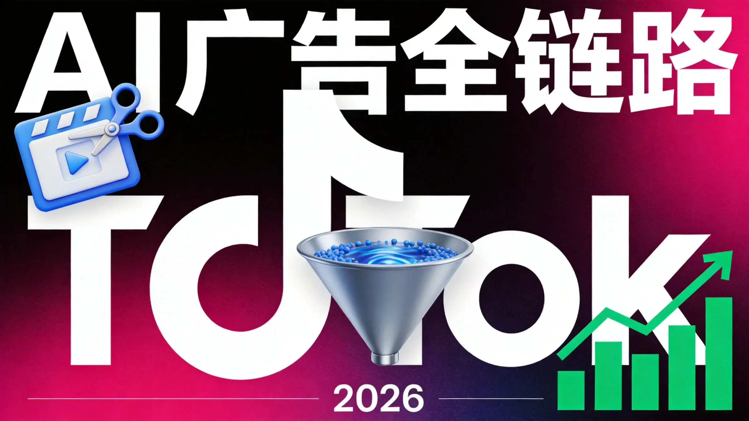 TikTok音符logo环绕视频剪辑、投放漏斗、数据图表,黑粉渐变尽显科技营销范儿