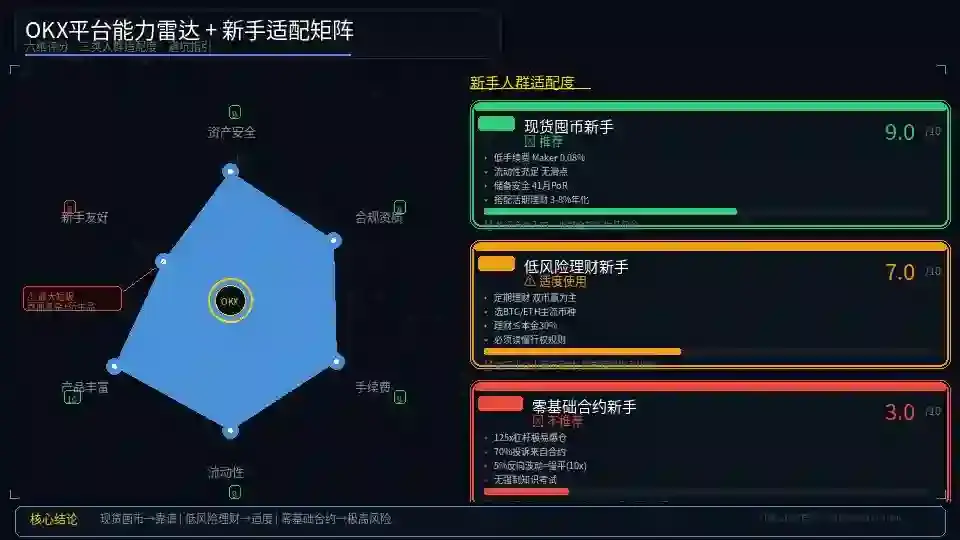 雷达图+三卡片：OKX能力与人群适配